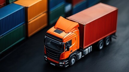 Detailed Close-up of a Bright Orange Truck with Container Amidst Stacked Shipping Containers in a Cargo Yard, Perfect for Transportation and Logistics Themes