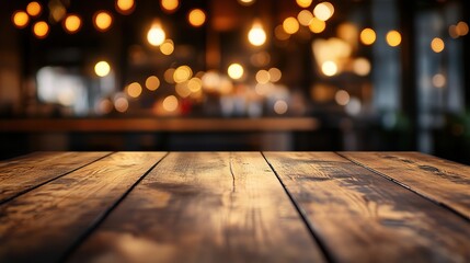 Beautiful Empty Wooden Table Top with Blurred Background Lights