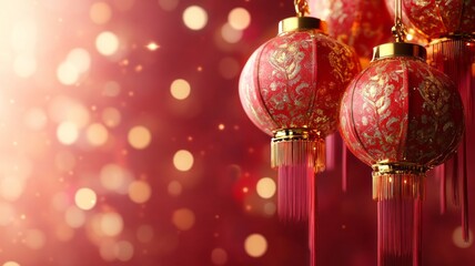 Obraz premium Traditional Lunar New Year lanterns, red and gold theme, delicate patterns, warm festive lighting.