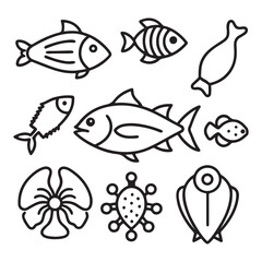 Fototapeta premium Seafood and fish glyph icon set vector illustrator. Engraved fish bream, mackerel, tuna or sterlet, catfish, codfish and halibut, lobster