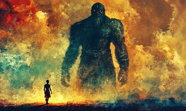 Digital Painting of an Ancient Warrior Facing a Giant