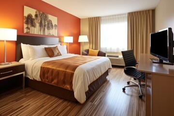 An inviting hotel room showcasing a queen-sized bed adorned with vibrant throw pillows, a stylish bedside table, and a warm color palette. The space is complemented by a small desk and chair