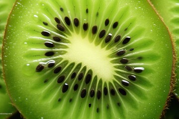 Close-up of a cut kiwi displaying the vivid green color and intricate arrangement of seeds in the center, with the fuzzy skin slightly visible.
