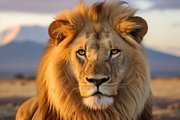 Obraz premium Close-up of a lion's face on the open savanna with Mount Kilimanjaro at dusk in the distance