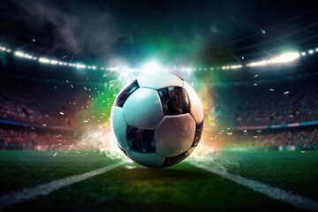 Detailed close-up of a textured soccer ball placed precisely at the center of a lush green soccer field, surrounded by the vivid colors of a packed stadium