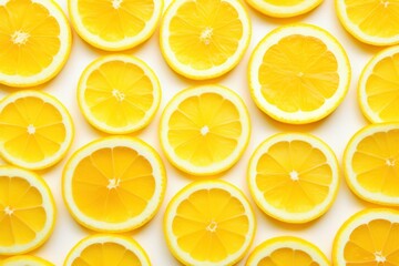 Freshly cut lemon slices arranged in a repeating pattern, showcasing the bright yellow pulp and textured peel.