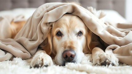 Obraz premium cute dog of the golden retriever breed lies in bed covered with warm and soft blanket pet is resting at home under carpet