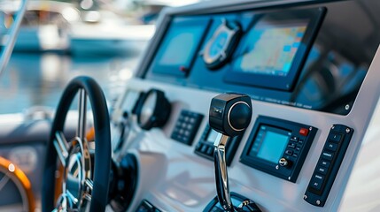Detailed shot of a boat console with marine electronics