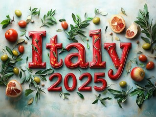 Vibrant Italy Display - Fresh Fruit and Vegetable Border with "2053"
