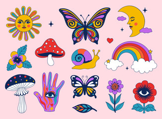 Retro psychedelic clipart snail, flowers, rainbow, moon, sun, mushrooms, butterflies. Vector set .