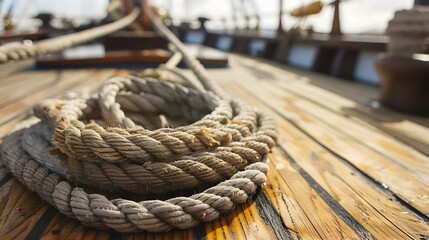 Fototapeta premium Detailed view of a boat deck with an old fashioned rope coil