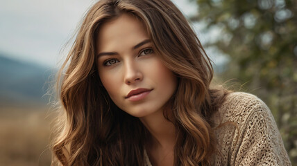 Fototapeta premium A serene portrait of a woman with flowing hair and a peaceful expression.