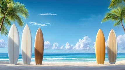 A picturesque display of vintage surfboards resting on a beach, tropical palm trees swaying nearby, and a calm turquoise ocean under a sunny sky, nostalgic and inviting.