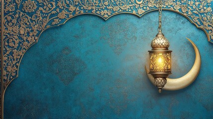 Ornate lantern and crescent moon on teal textured background with arch.