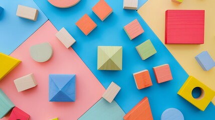 Different color and shape wooden toy blocks on colorful background