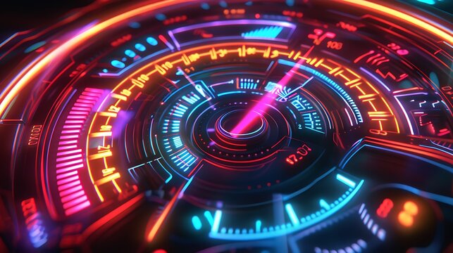 Digital speedometer display lit up in vibrant colors