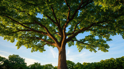 Obraz premium A majestic tree with lush green leaves against a clear blue sky, symbolizing nature's beauty.
