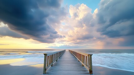 Obraz premium A weathered pier reaching into the ocean, dark clouds overhead casting soft shadows, gentle waves lapping at the wooden posts, muted color palette for a timeless feel