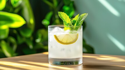 Club soda in a clear glass with a sprig of mint and a wedge of lemon, placed on a wooden table with a bright, natural backdrop.