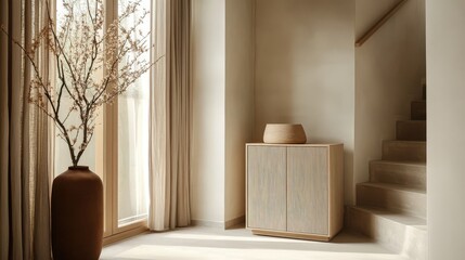 Modern entrance hall with a light wooden cabinet near a window, adjacent to a staircase, styled with minimal decor and a serene atmosphere.