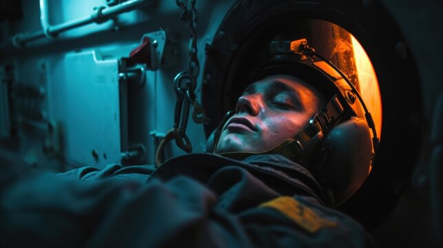 A sailor struggling to stay awake during their night watch shift fighting exhaustion and mental fatigue to ensure the safety of their ship and crew.