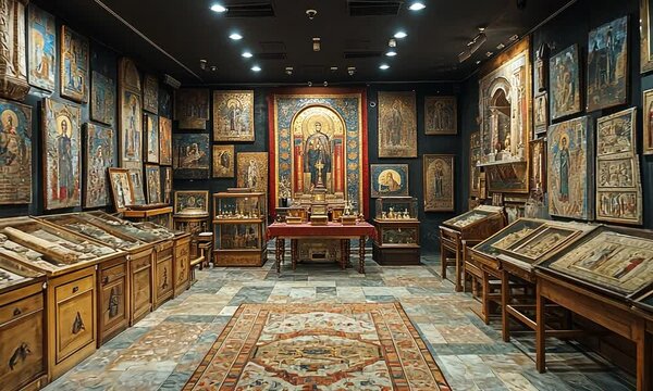A museum room filled with religious art and artifacts.