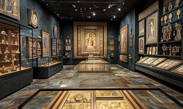 Art gallery showcasing intricate religious artifacts and icons.
