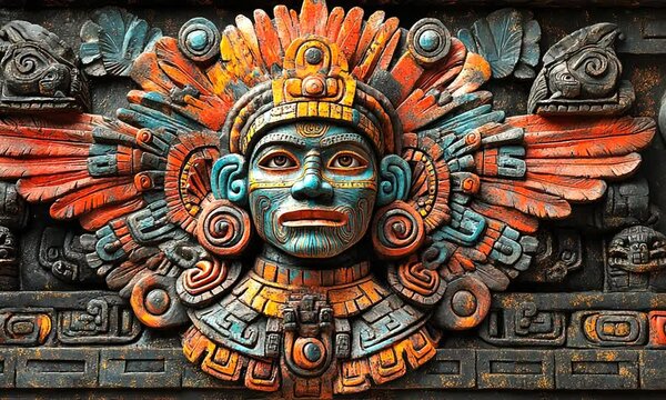 Colorful Aztec-inspired relief sculpture depicting a deity.