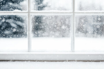 A cozy winter scene viewed through a window with snowfall outside.