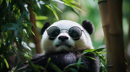 Obraz premium Panda wearing round sunglasses, relaxing under a bamboo tree, soft natural lighting