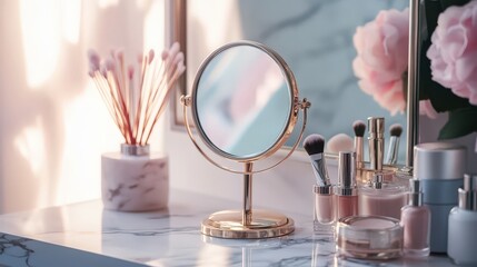 Compact mirror reflecting elegant beauty tools in a chic vanity setup