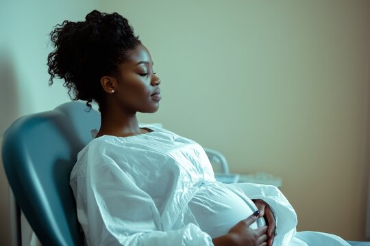 A pregnant Black woman seated on a medical examination chair, wearing a white hospital gown, resting with closed eyes and a serene expression - Powered by Adobe