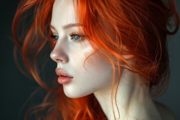 A woman with red hair and blue eyes