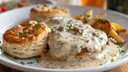 Flaky biscuits with sausage gravy and a side of eggs