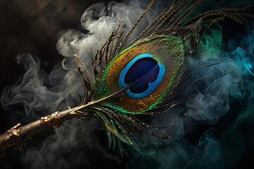 A mesmerizing macro portrait of a peacock feather with mist and water drop effects. The vibrant colors of the peacock feather contrast with the dark background, creating an image full of mystery and b