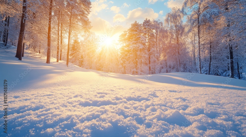 Poster sunlight filters through snow-covered trees, illuminating a tranquil forest landscape. soft snow bla