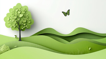 Fototapeta premium vibrant green landscape with paper cut tree and butterfly