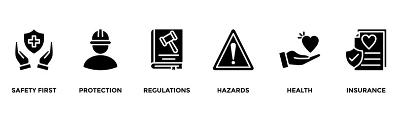 Work safety banner web icon vector illustration for occupational safety and health at work with safety first, protection, regulations, hazards, health, and insurance icon