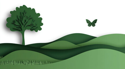 serene paper cutout landscape featuring green hills, tree, and butterfly