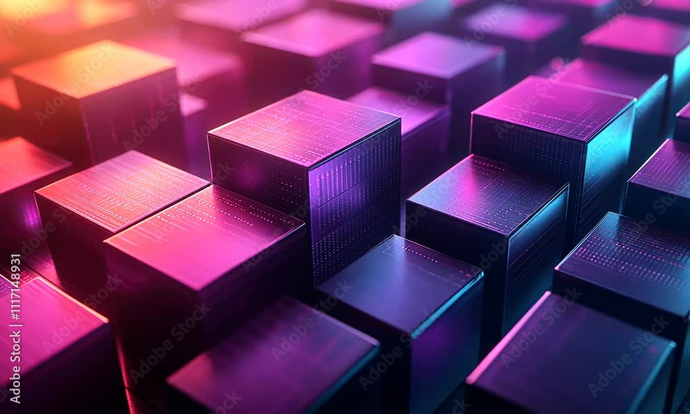 Wall mural abstract digital cubes: neon glow and data streams