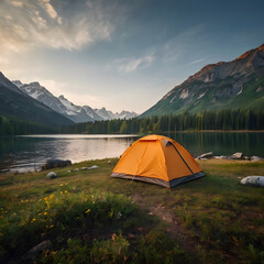 Outdoor camping photo. tent in the middle of nature, beautiful landscape. natural, protected area. image created with ai