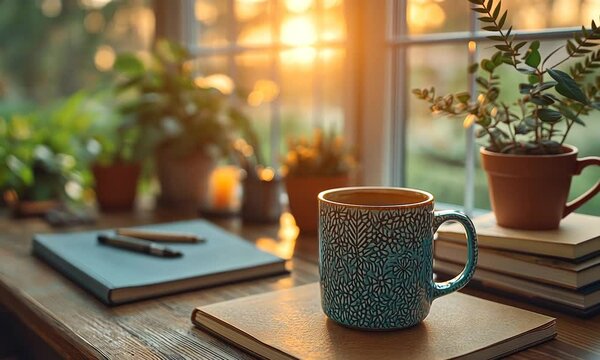 Cozy Sunset Window Scene: A Mug of Warmth and Tranquility