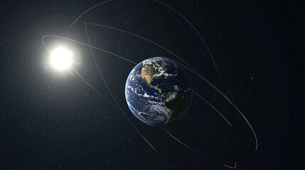 Obraz premium Earth axis diagram illustration showing the tilt of the Earth's rotational axis relative to its orbital plane, explaining the cause of seasonal changes and the distribution of sunlight.