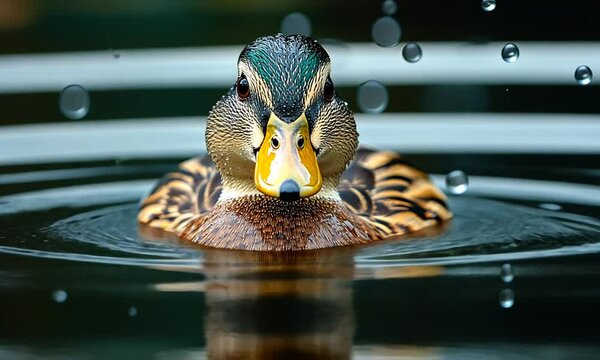 A close-up of a duck swimming in water with droplets around it.