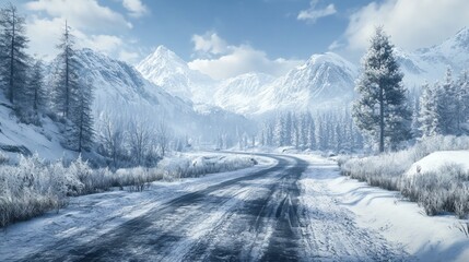 A tranquil winter morning unfolds with a winding road blanketed in fresh snow. Towering mountains and frosted evergreens create a picturesque scene, inviting adventure and exploration