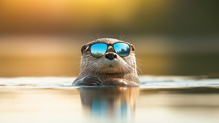Otter with reflective sunglasses, resting on its back in the water, bright sunlit backdrop