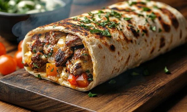 A delicious wrap filled with grilled meat and vegetables.