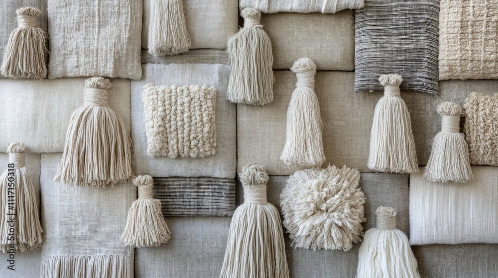 Aufkleber an artistic display showcases various tassels crafted from natural linen, each differing in texture 
