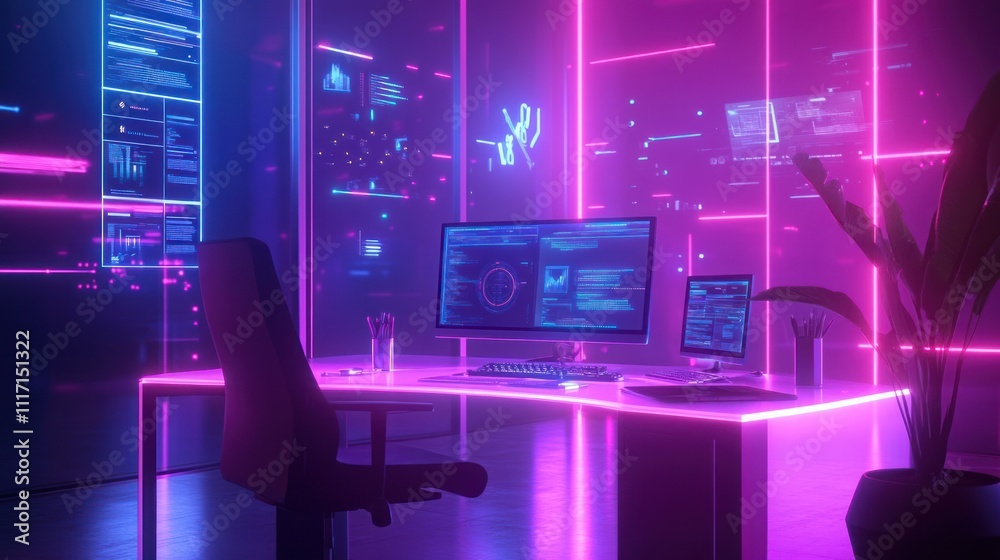 Wall mural Futuristic tech office with glowing neon lights, displays, and coding interface on monitors.