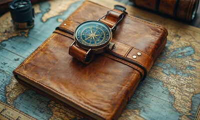 Vintage watch on a leather notebook atop a world map.